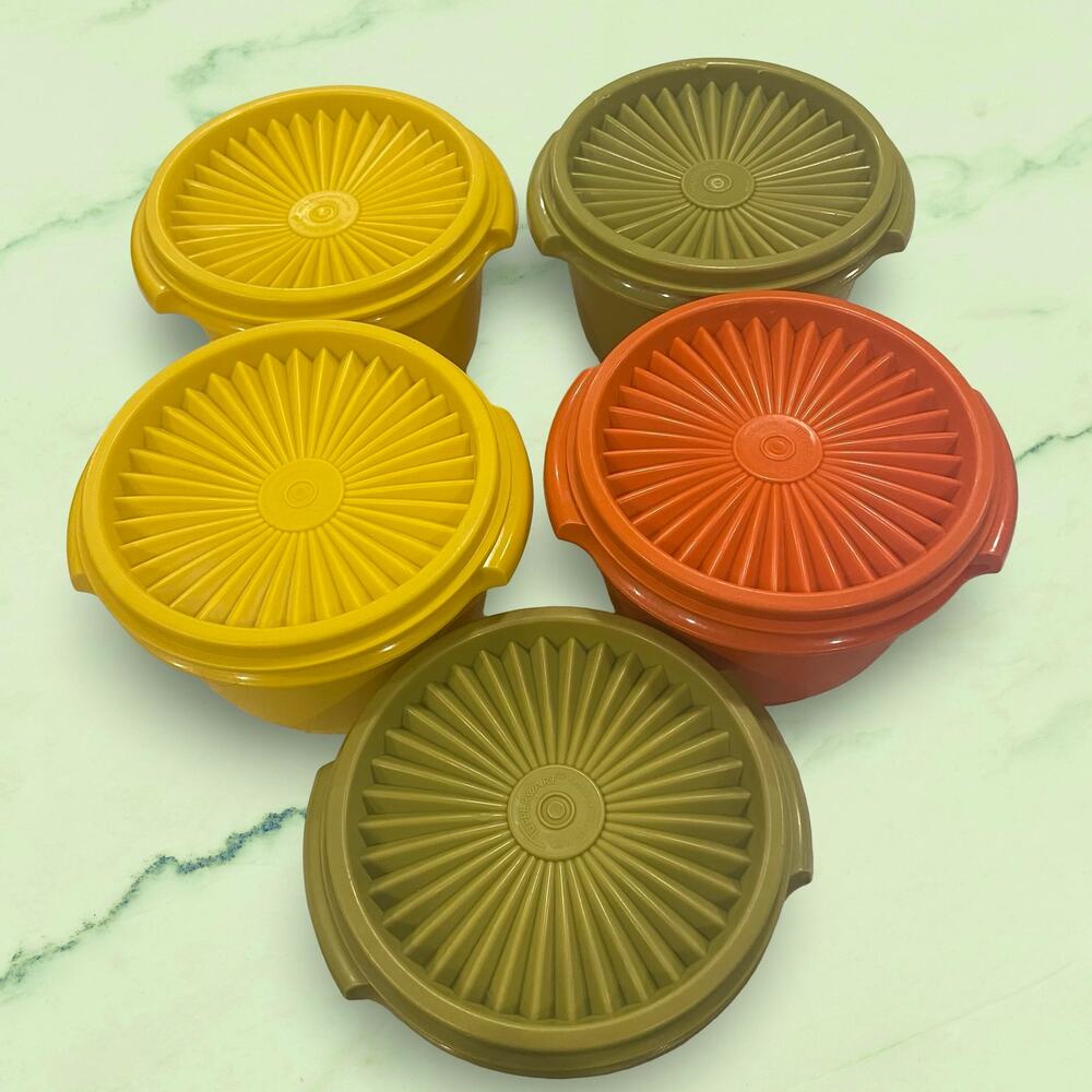 Tupperware Servalier Bowl Set of 5 Orange Yellow Green 886 1323 Sunburst Vintage - Picture 13 of 13